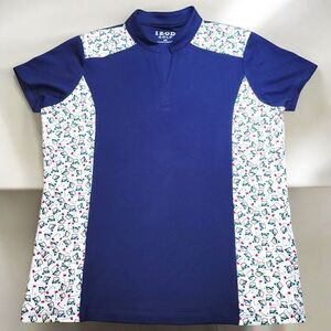 Izod womens blue golf theme golfcart flag print polo top
